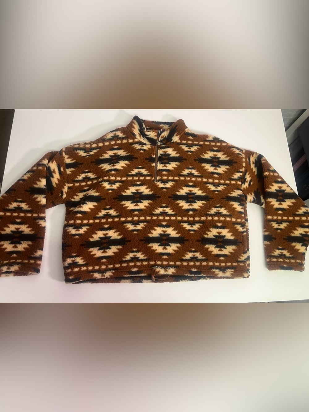 American Eagle Outfitters Brown Aztec Sherpa Quarter-Zip Pullover - Picture 1 of 7